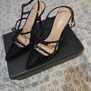 Anne Michelle Black Patent Heels with Bow Detail